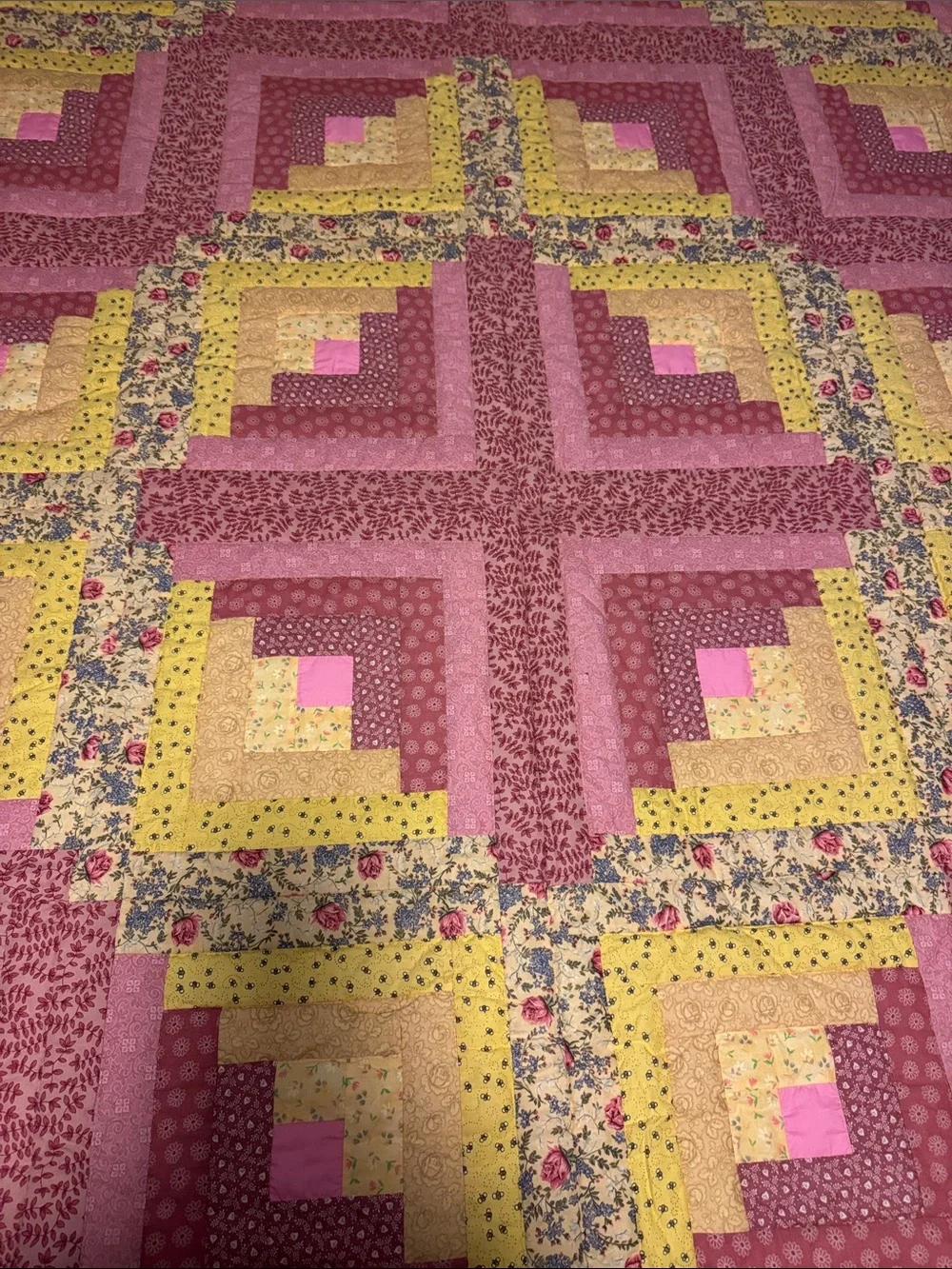 Handmade Pink and Yellow Patchwork Quilt - Home Bedding Queen Size
